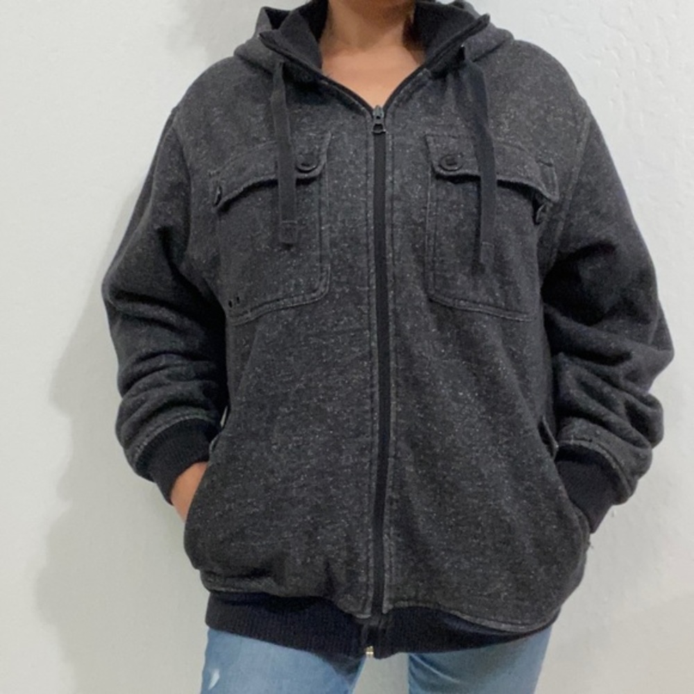 Foot Locker Men's M Black Gray Premium Fleece Lined Jacket Full Zip Hooded